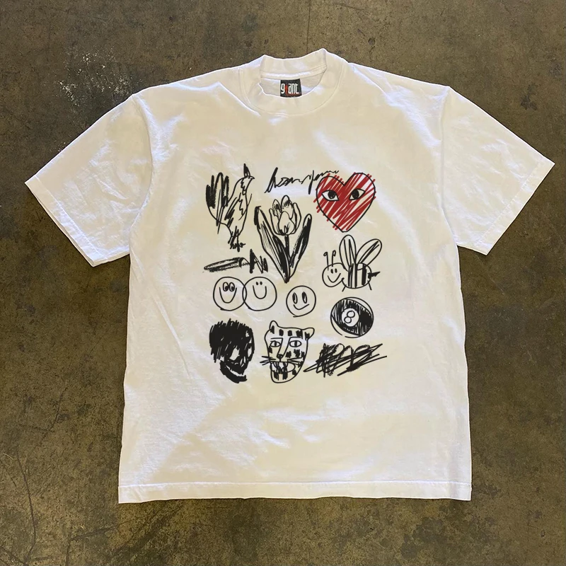 2026 Summer Men Hand-Drawn Graffiti Short-Sleeve Cotton T-Shirt Loose Casual Unisex Retro American Style Couple's Clothing