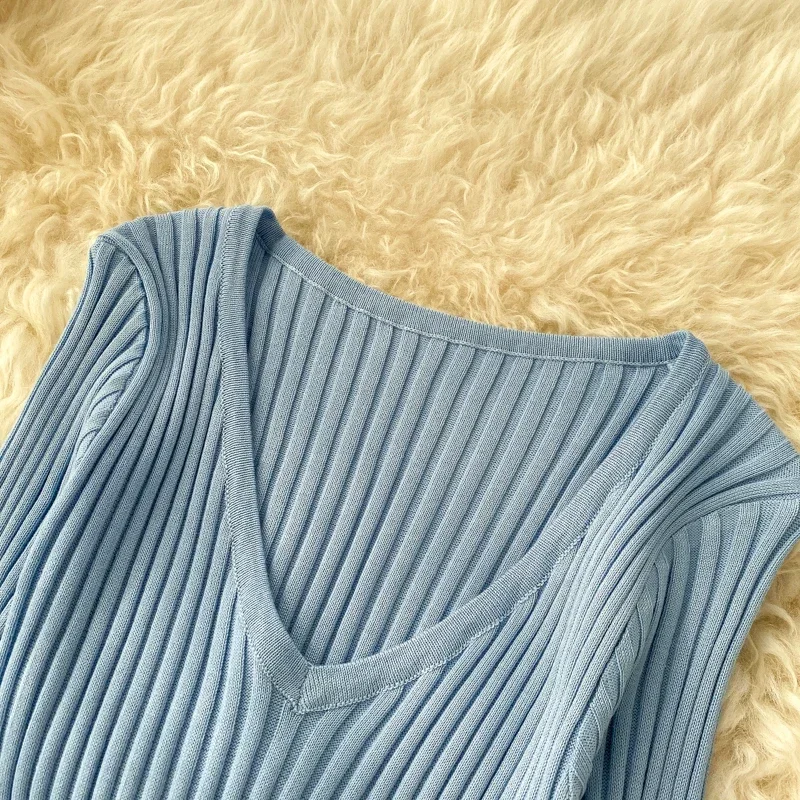 Elegant V Neck Long Sleeve Knit A-line Knitted Dress Slim Fashion Korean Sweater Basics Women Autumn Winter Elastic Clothing