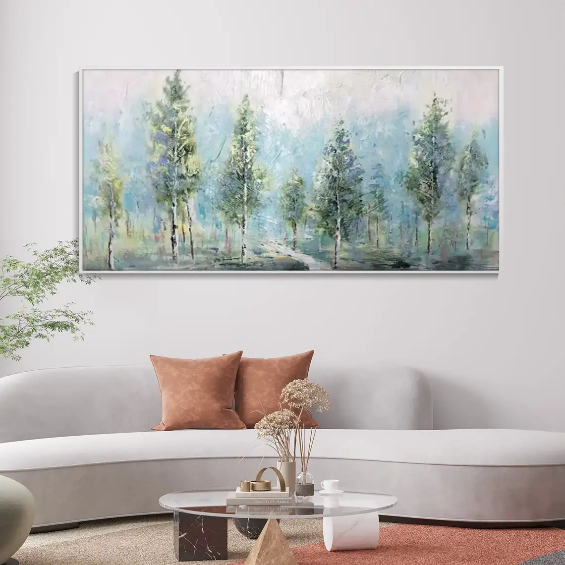 Large Green Forest Hand Painted Oil Painting On Canvas Misty Forest Decor Modern Home Wall Art Abstract Birch Tree Landscape Art