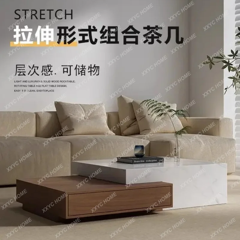 XX Modern Luxury Travertine Marble Coffee Table for Living Room Extendable Minimalist Retro Walnut Wood Slate Center Table