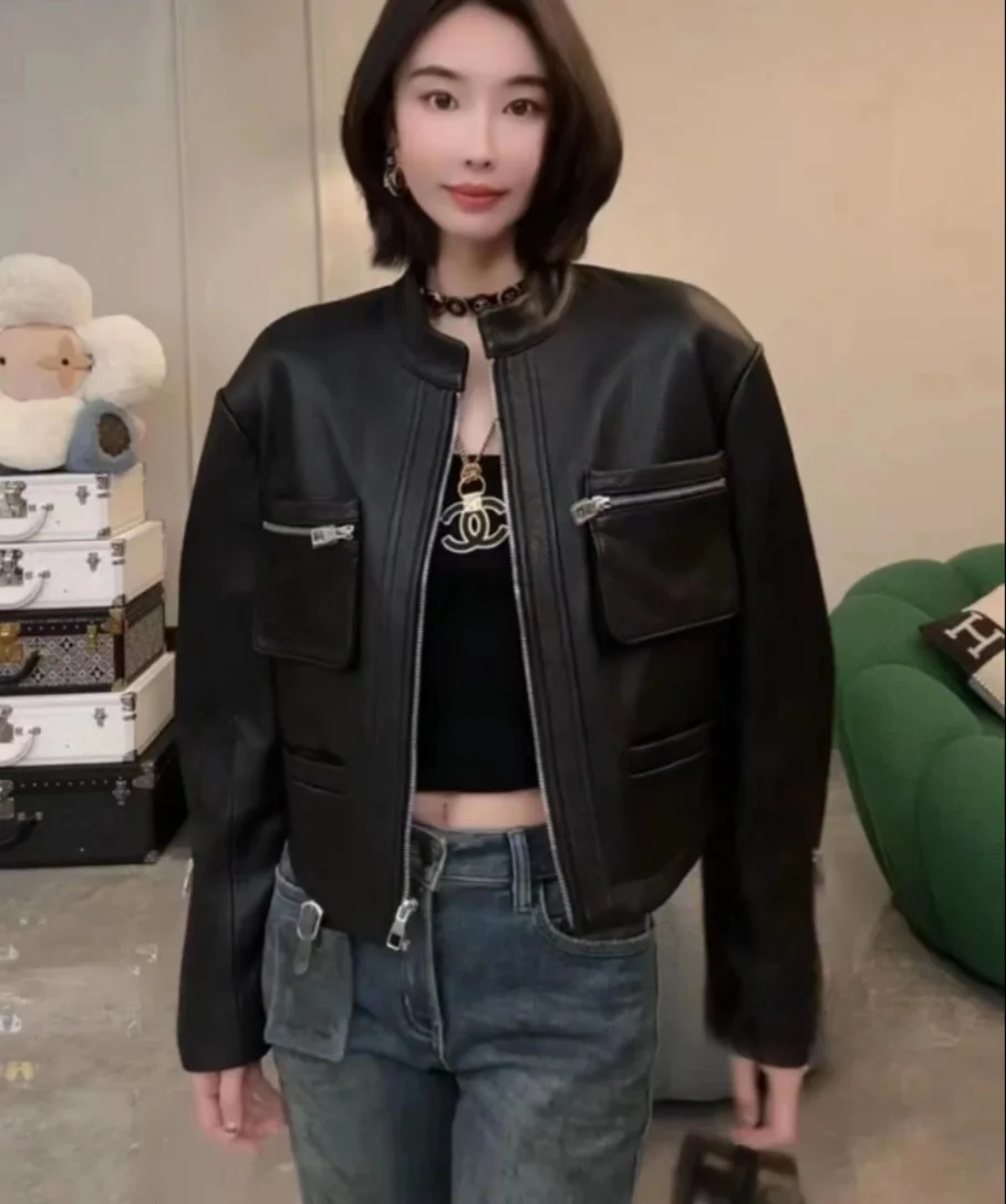 تشن السيدة جلد طبيعي السائق Jaet المرأة براون كيت eepskin سستة ort رداء علوي غير رسمي الوقوف طوق معطف طويل Sve