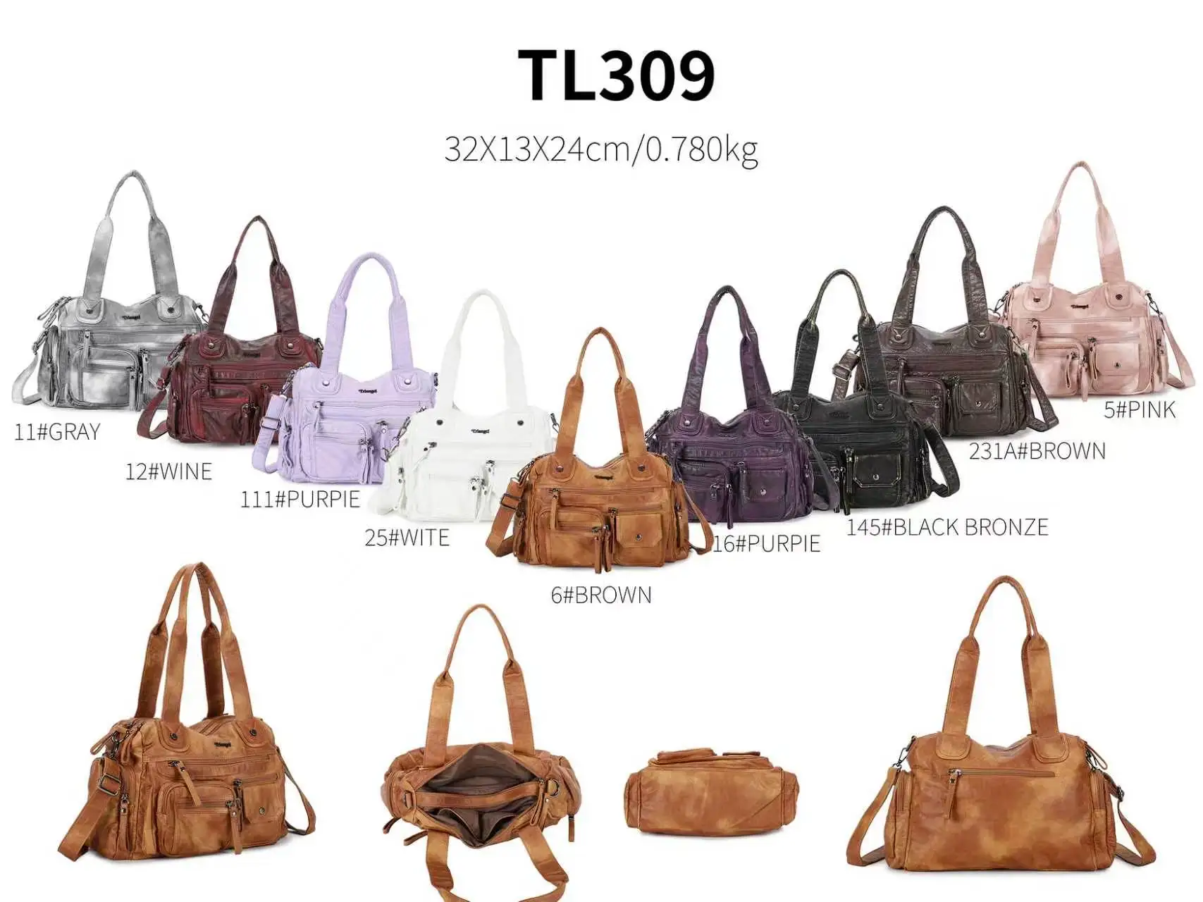 Vintage Women Unisex Brush-off Color Washed PU Vegan Leather Zip Pockets Shoulder Cross body Bag Large Retro Casual Daily Travel