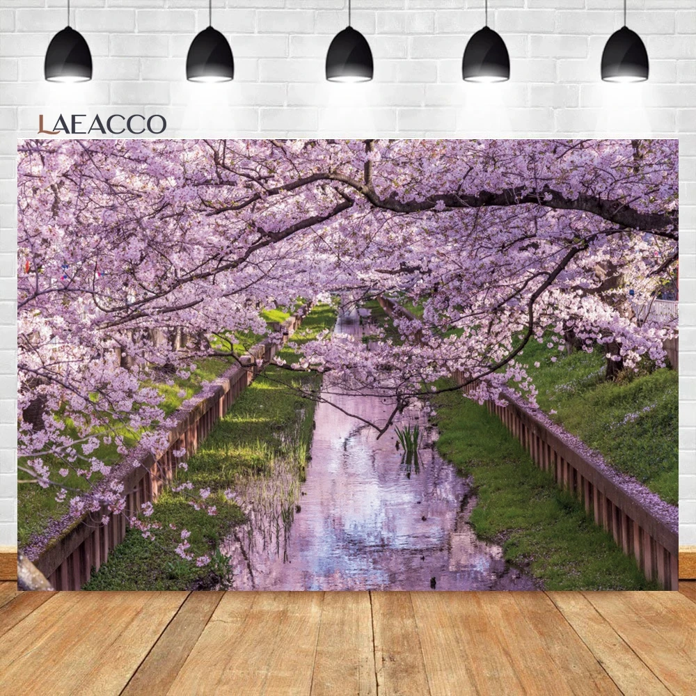 Laeacco Japanese Garden Photography Backdrop Spring Cherry Blossoms Mountain Scenery Wedding Party Kid Adult Portrait Background