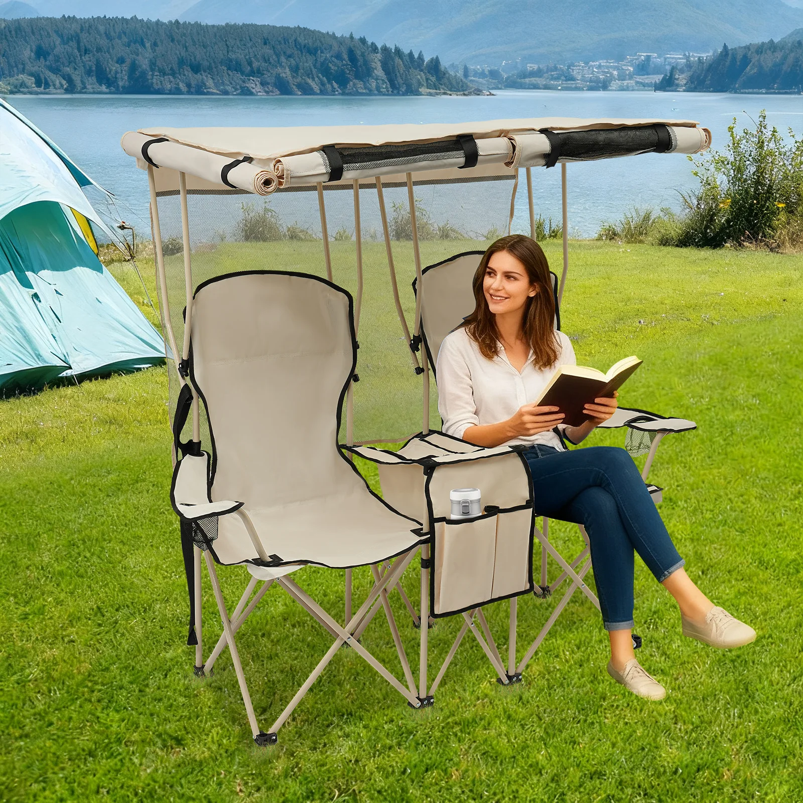 

Khaki Oxford 107*133cm Double Camping Folding Chair Covered Outdoor Bench Sunshade Dual-purpose Fishing Stool