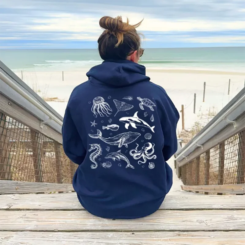 Oversize Trendy Sea Animals Hoodie Ocean Life Save The Shark Beach Sweatshirt For Sea And Animal Lovers Casual Unisex Hooded Top