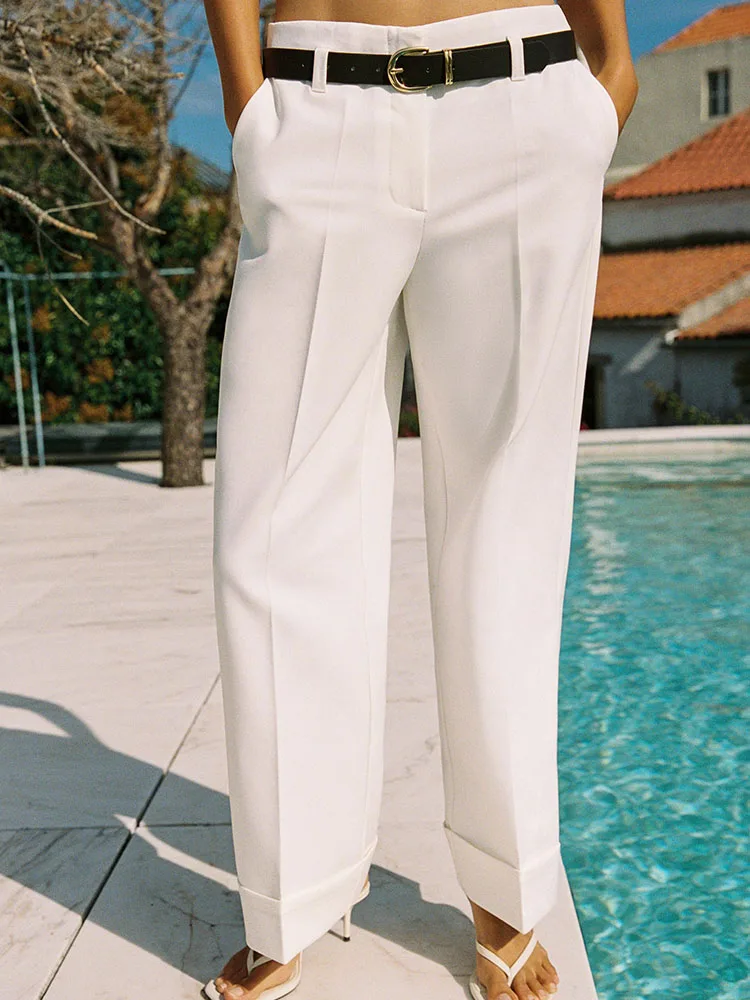 New 2026 Autumn Women's Straight Leg Pants with Belted Cuffed Ankle Chinese Style Long Trousers mid Waist Button up