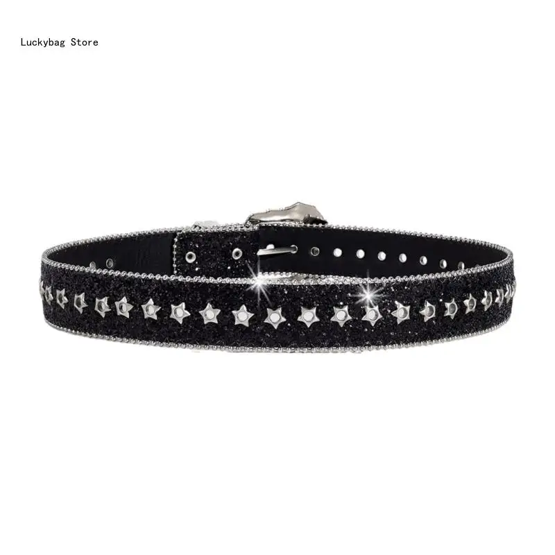 Sequined Waist Belt Glinting Carving Buckle with Encrusted Glitter Eyelets