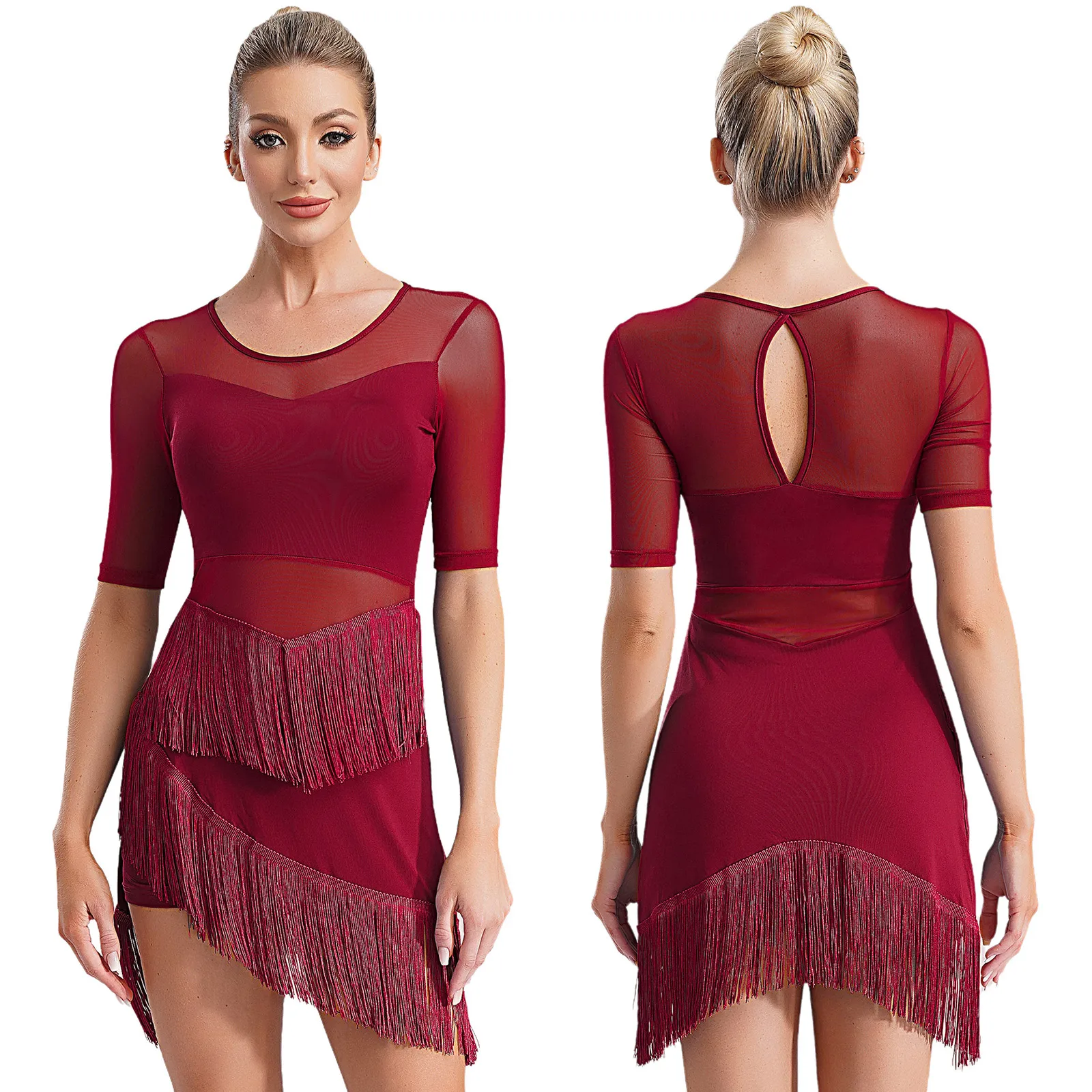 

2Pcs Womens Latin Dance Dresses Stage Performance Costume Sheer Mesh Patchwork Half Sleeve Irregular Fringe Dress with Shorts