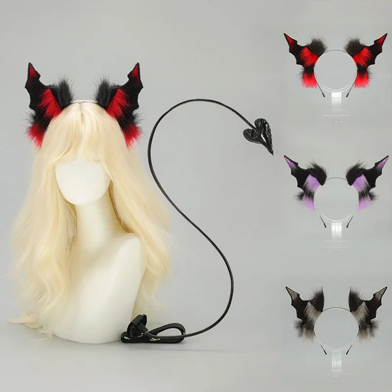 

2025 Dark Gothic Halloween Headpiece - Demon Horns & Bat Ears Headband with Demon Tail Prop Set