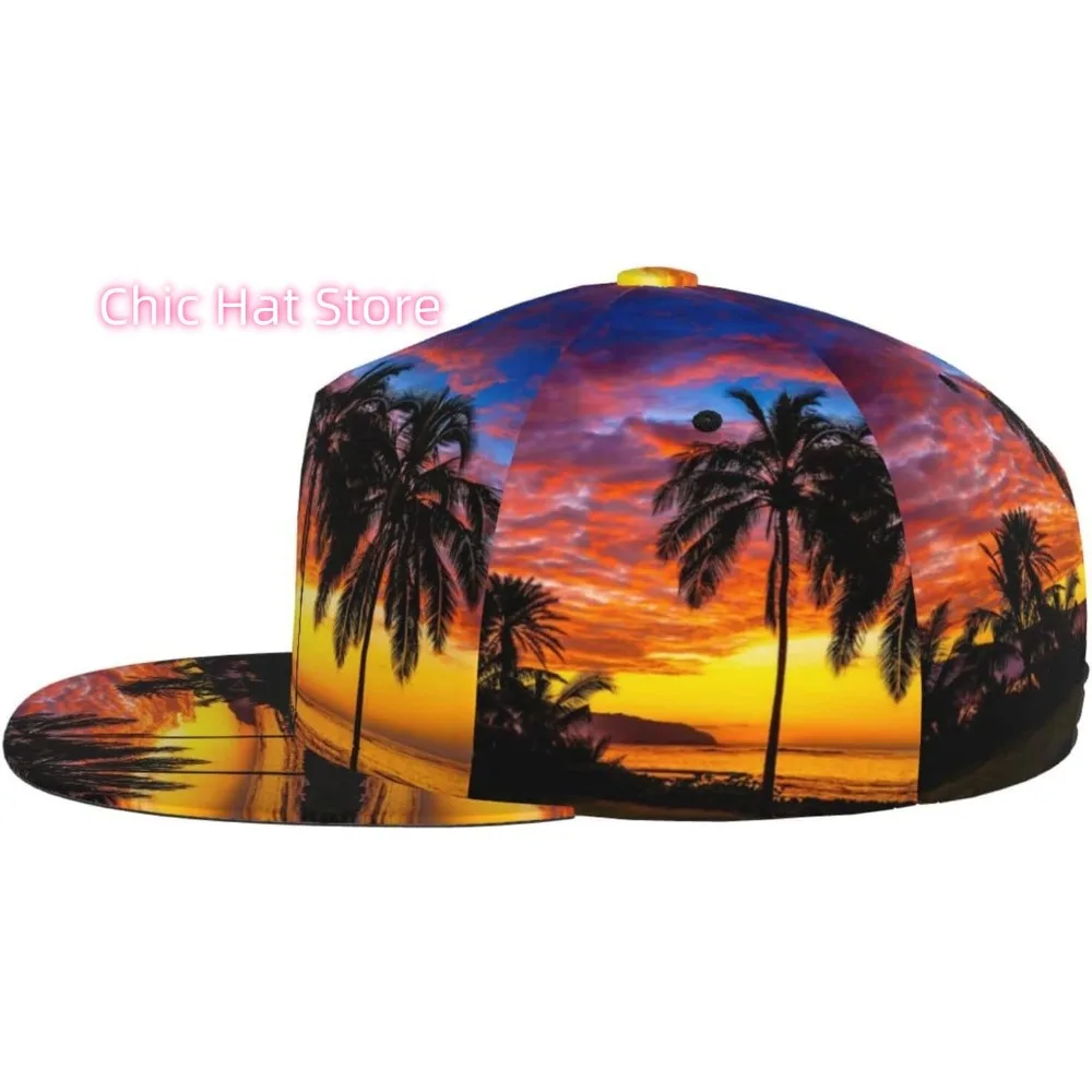 Urocze czapki bejsbolówki z siatką z motywem palm i zachodu słońca dla mężczyzn i kobiet, regulowane, outdoorowe, hawajskie czapki typu snapback chroniące przed słońcem.