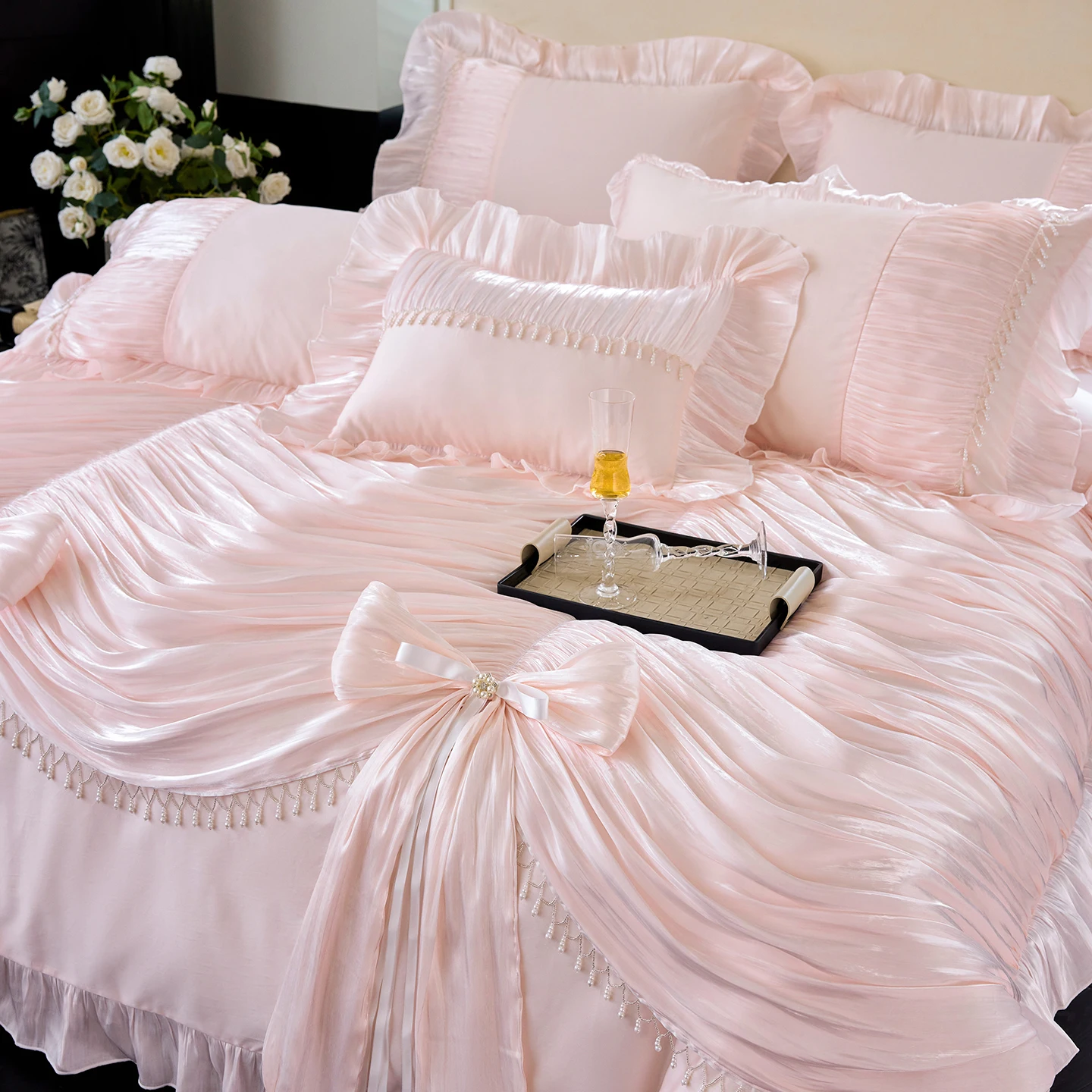 1000TC Egyptian Cotton Vintage French Palace Style Pleated Lace Ruffles Bow Bedding Set Duvet Cover Bed Skirt Pillowcases 4/5Pcs