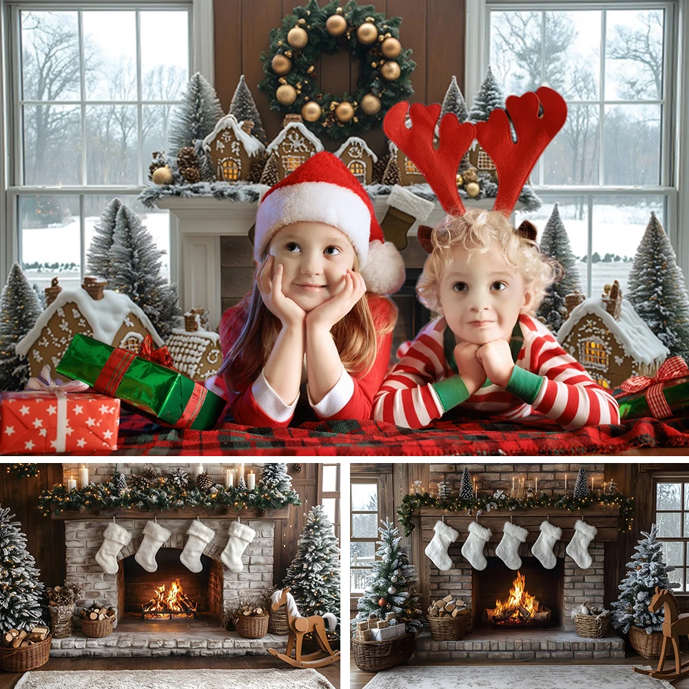 Christmas Backdrop XMAS Tree Gift Fireplace Stockings Family Party Decor PhotographyBackground Baby Photo Photographic Studio