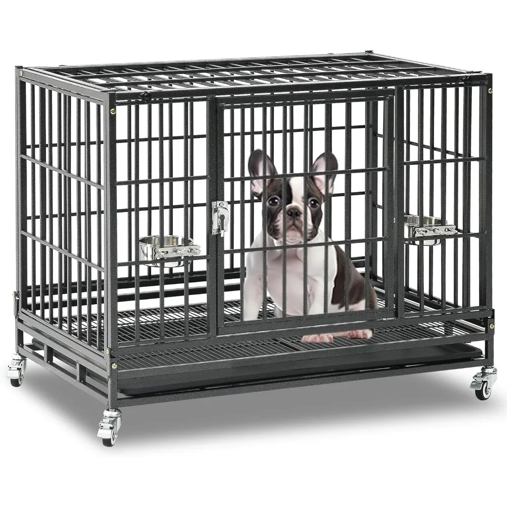 

37 Inch Heavy Duty Dog Crate for Medium Dogs, Stackable Dog Cage with Four Lockable Wheels, Removable Tray & Grid, Open Top, Es