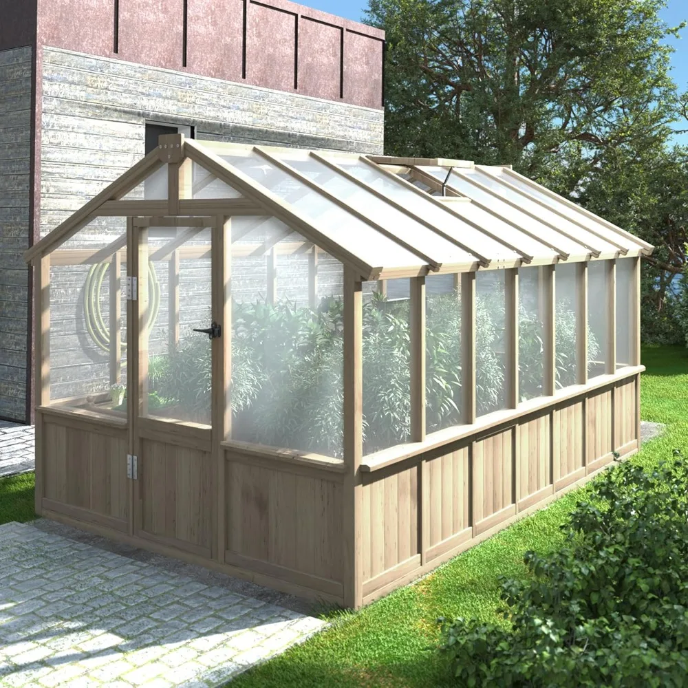 

Greenhouse 8x14 FT Kit for Outdoor, Polycarbonate Wooden Walk-in Green House with Lockable Door and Adjustable Roof Vent