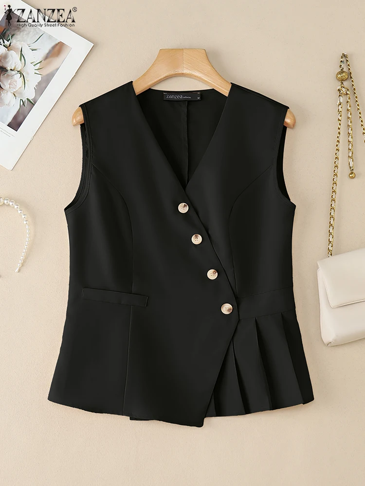 

ZANZEA Diagonal Front Vests Women Stylish V-Neck Sleeveless Pleated Hem Lightweight Waistcoats Casual Office Wear Commuting Tops