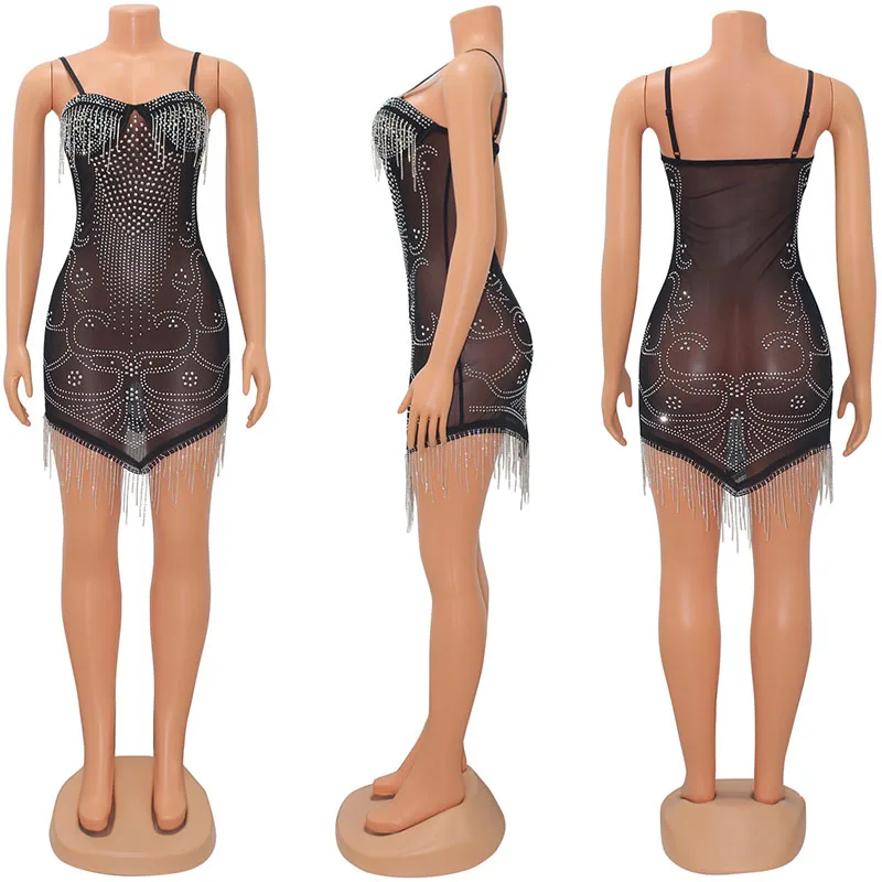 Sparkly คริสตัลเพชรชุดวันเกิดผู้หญิง Party Night ตาข่าย Sheer สปาเก็ตตี้พู่คริสต์มาสพรหม Bodycon Club Dresses