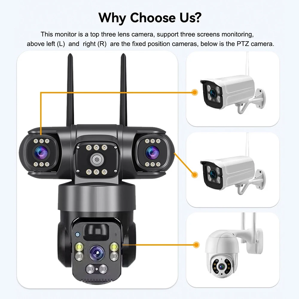 كاميرا واي فاي تعمل بالطاقة الشمسية بدقة 9 ميجابكسل، 3 شاشة، 3 عدسات، تكبير 10X PIR، كاميرا كشف الإنسان، مراقبة للرؤية الليلية، حماية أمنية