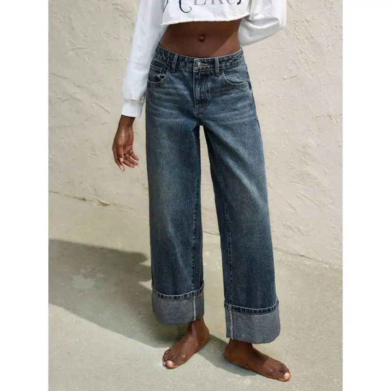 High Waist Cuffed Jeans Women's Fashion Spring Autumn High Waist Roll up Denim Pants Medium Stretch Comfortable Fit