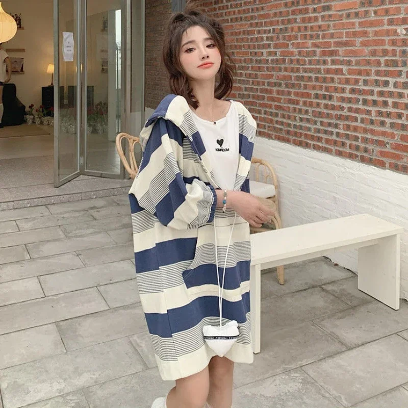 L-4XL Hooded Dresses Women Baggy Preppy Girlish Korean Fashion Clothes Fake Two Piece Sweet Kawaii Vestidos Cozy Temper Striped