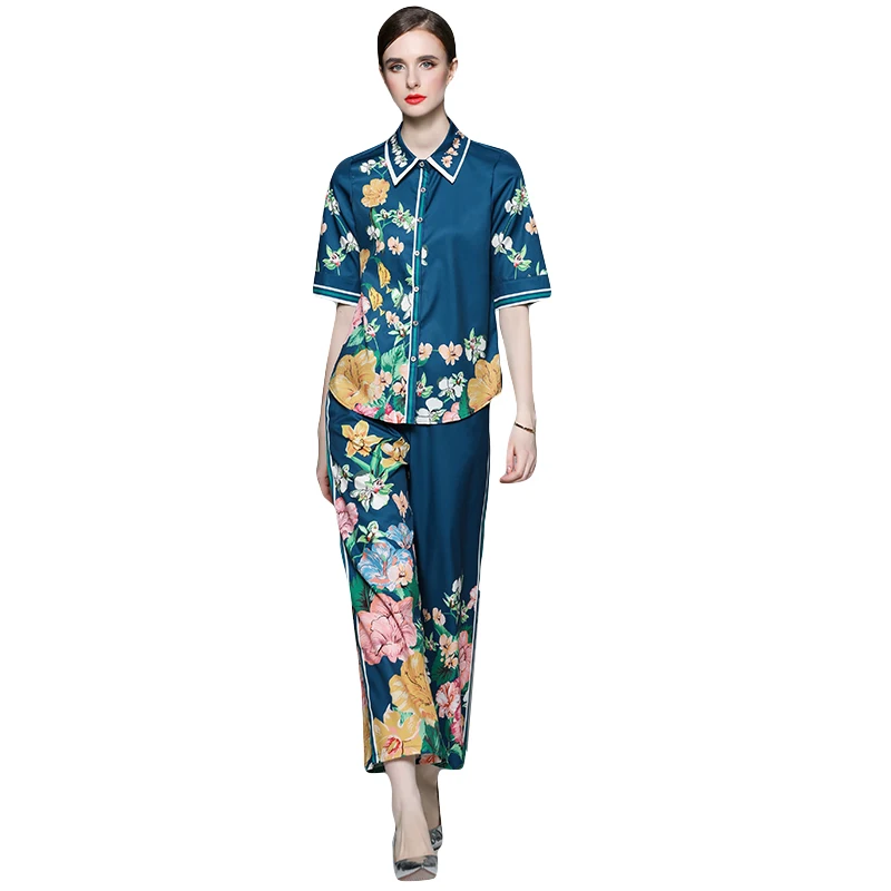 New Summer Luxury Floral Print Two Piece Set Women\'s Short Sleeve Single Breasted Shirt Blouse + Wide Leg Pants Flower Outfits