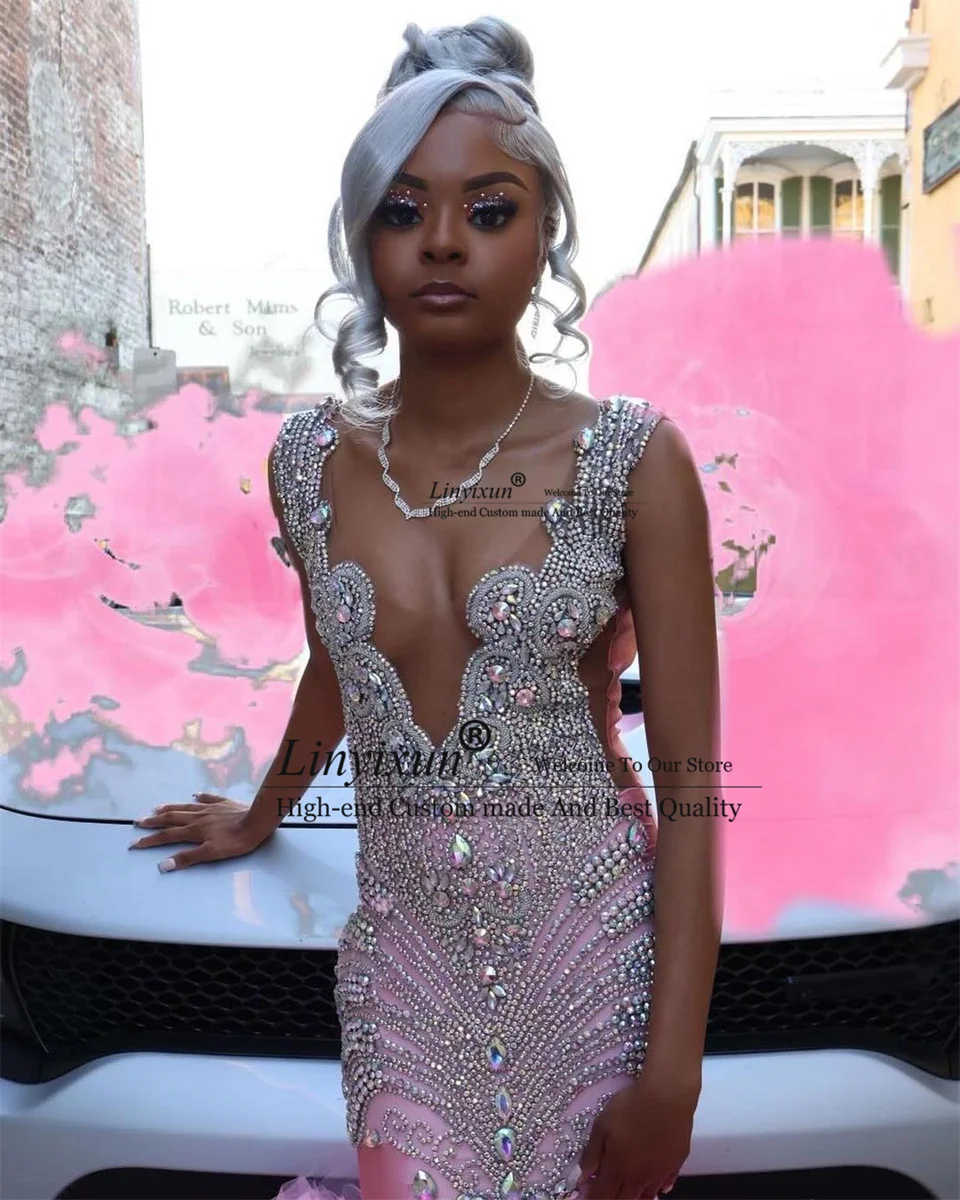 Sexy Pink Sheer Neck Prom Dresses For Black Girls Mermaid Rhinestone Crystal Birthday Dress Evening Dresses Robe De Soiree