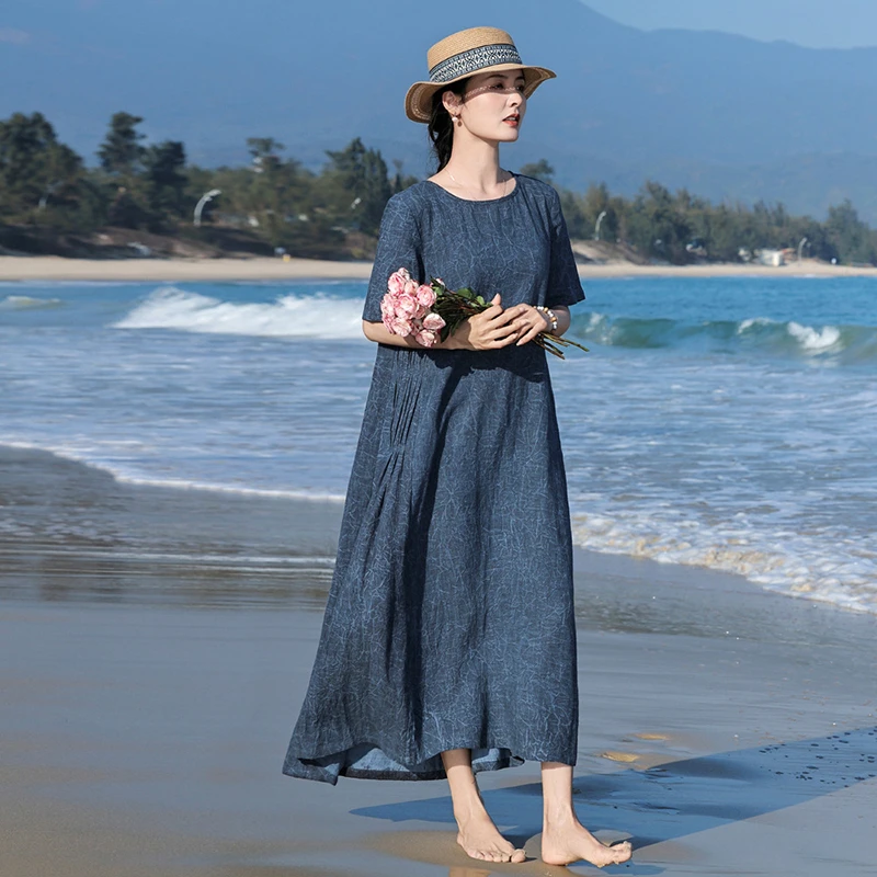 

Women Cotton Linen Long Dress New Arrival 2026 Summer Vintage Style O-neck Print Loose Comfortable Female Casual Dresses M2457