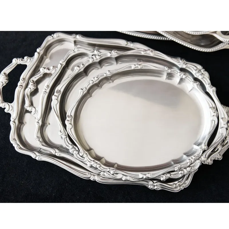 Luxury Baroque Style Oval Serving Tray Stainless Steel Silver Fruit Plate Elegant Dessert Dish for Home Kitchen Dining Table