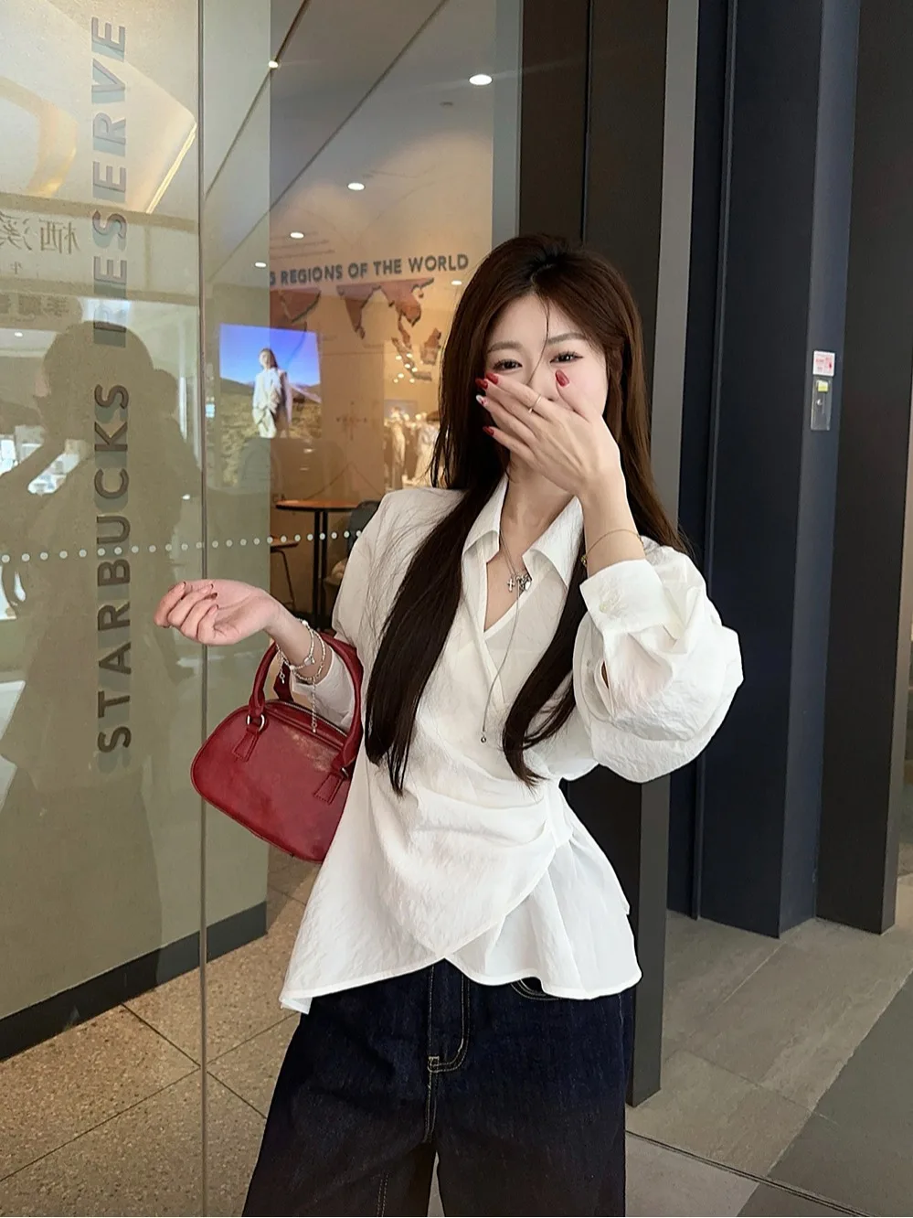

Long Sleeve Shirts Womens Cotton Striped Button Down Tops Lantern Sleeves Pleated Hem Slim Fit Preppy Feminine Retro French