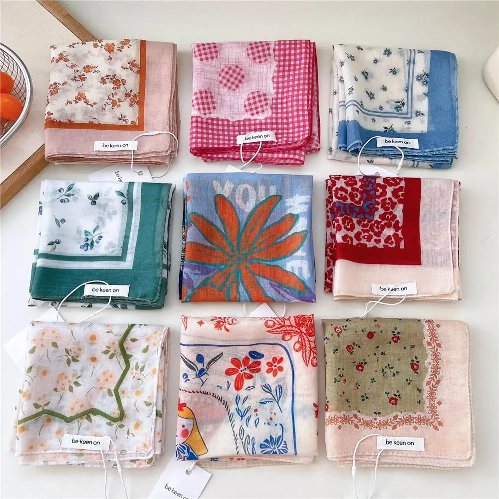 

Цветочный двусторонний платок, французская пасторальная повязка на голову, повязка для волос, хлопковые льняные шарфы на шею, 55 см, квадратный шарф с цветочным принтом, носовой платок