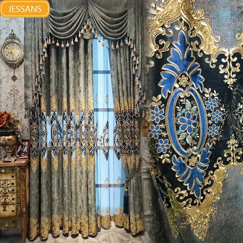 European Embroidery Hollow Out Blue Grey Chenille Jacquard Curtains for Living Room Bedroom French Window Customized Finished