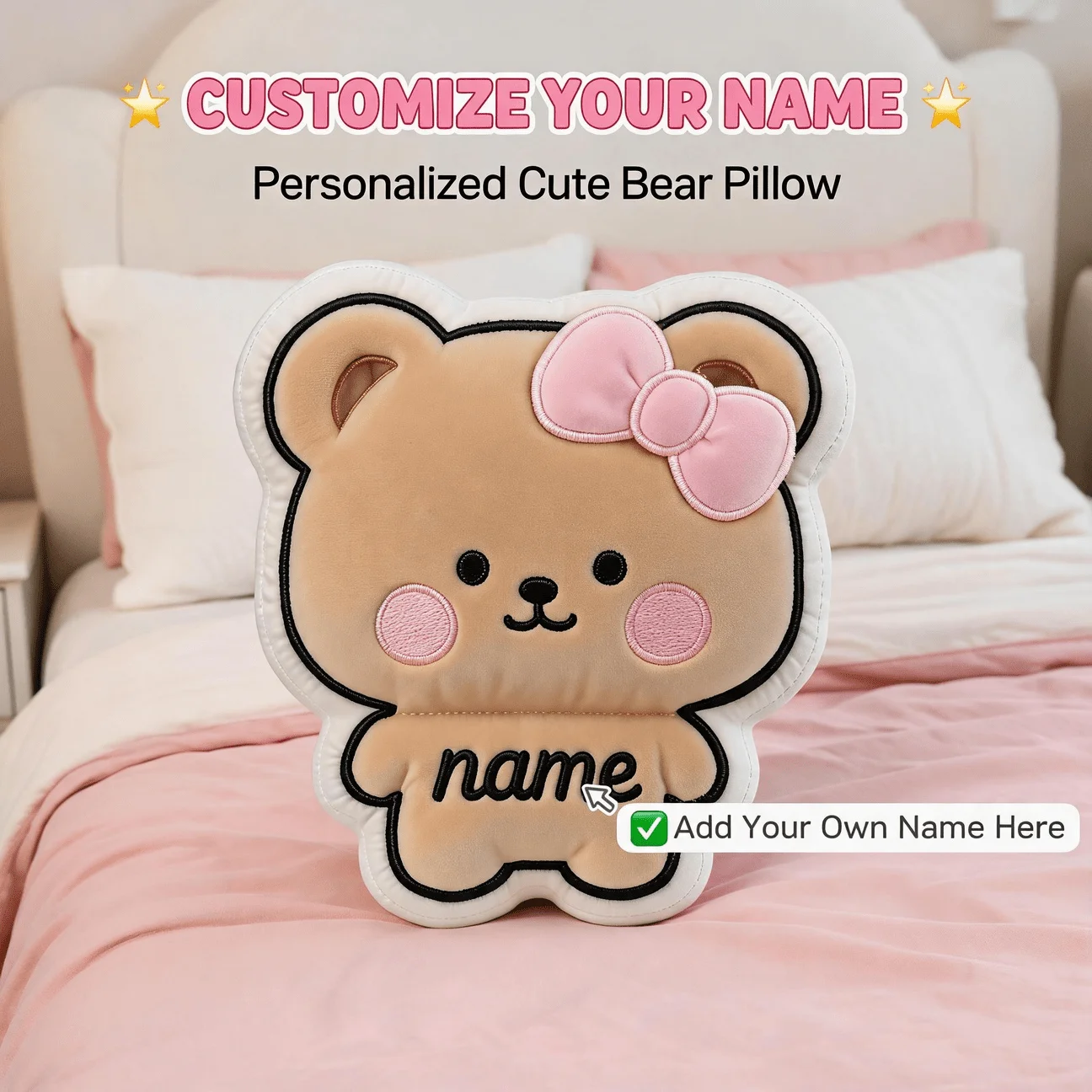 Custom Photo Bear Shaped Pillow Personalized Name & Picture Decorative Cushion with Pink Bow Cute Home Accent for Sofa & Bedroom