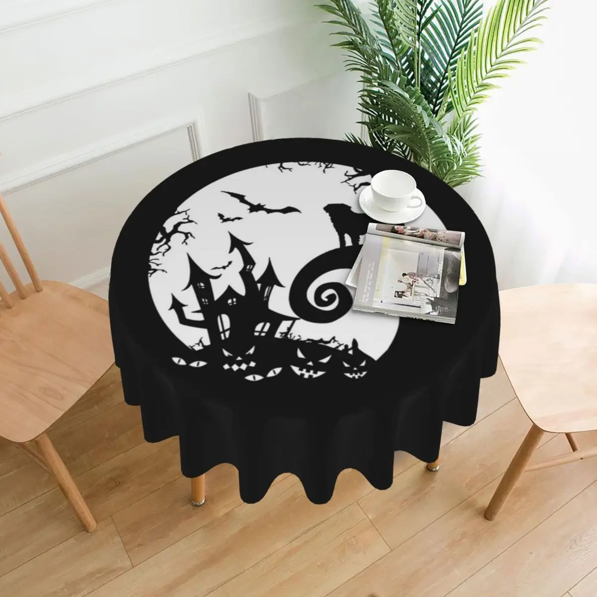 Saint Bernard Dog And Moon Halloween Waterproof Round Tablecloth Oilproof Table Cloth for Kitchen Events Table Cover 60 inch