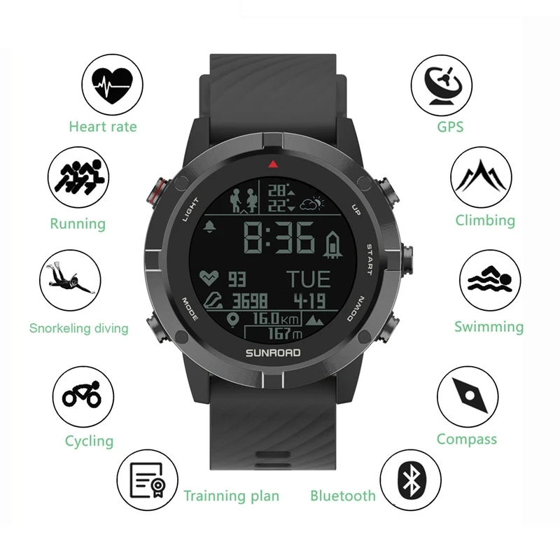 SUNROAD Smart GPS Sport Watches Waterproof Outdoor Camping Swimming Altimeter Compass Barometer Heart Rate APP Monitor Backlit