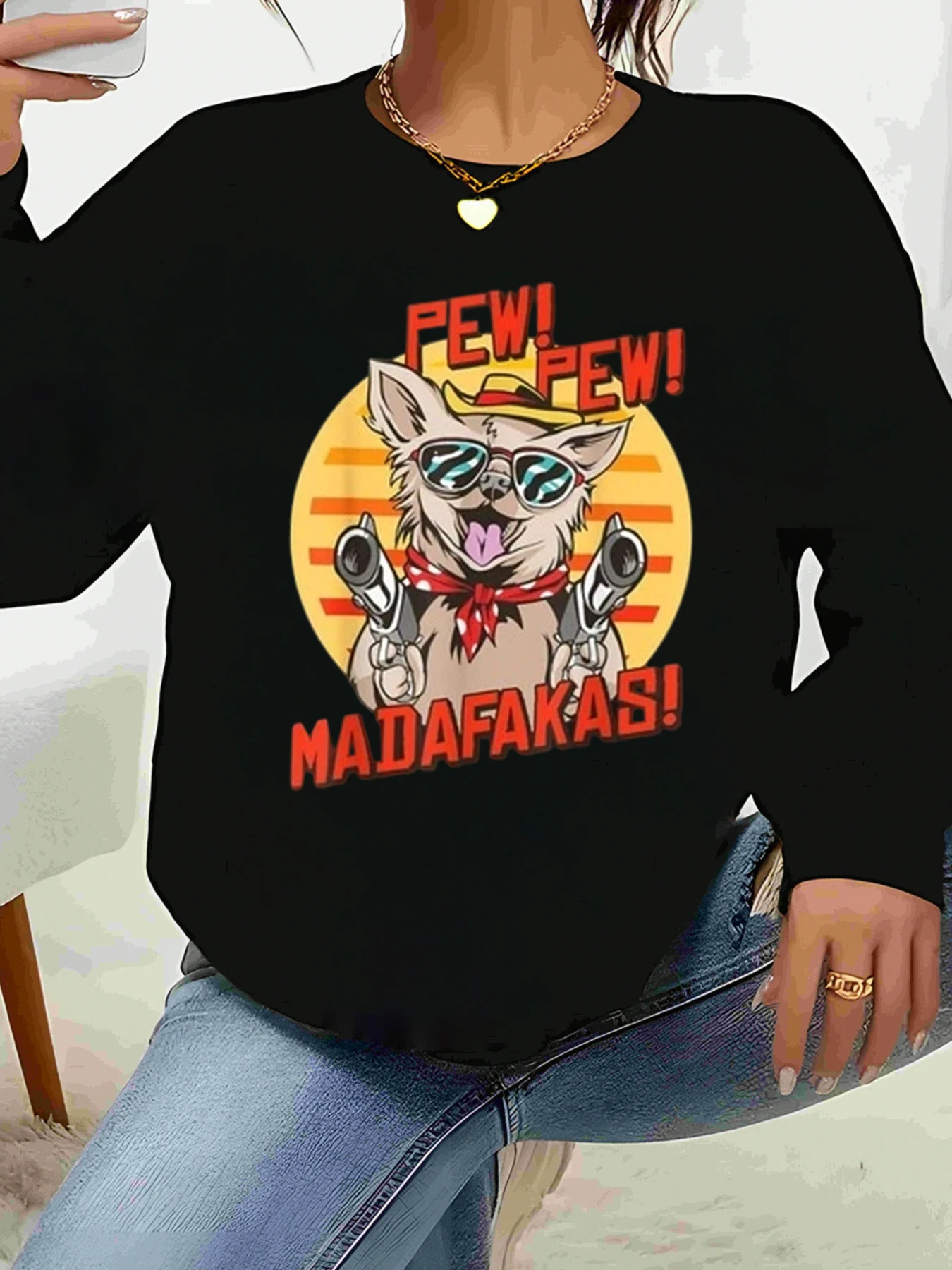 

Ковбойский кот Pew Pew Madafakas Толстовка с длинными рукавами и принтом Хэллоуин Повседневная одежда Женская
