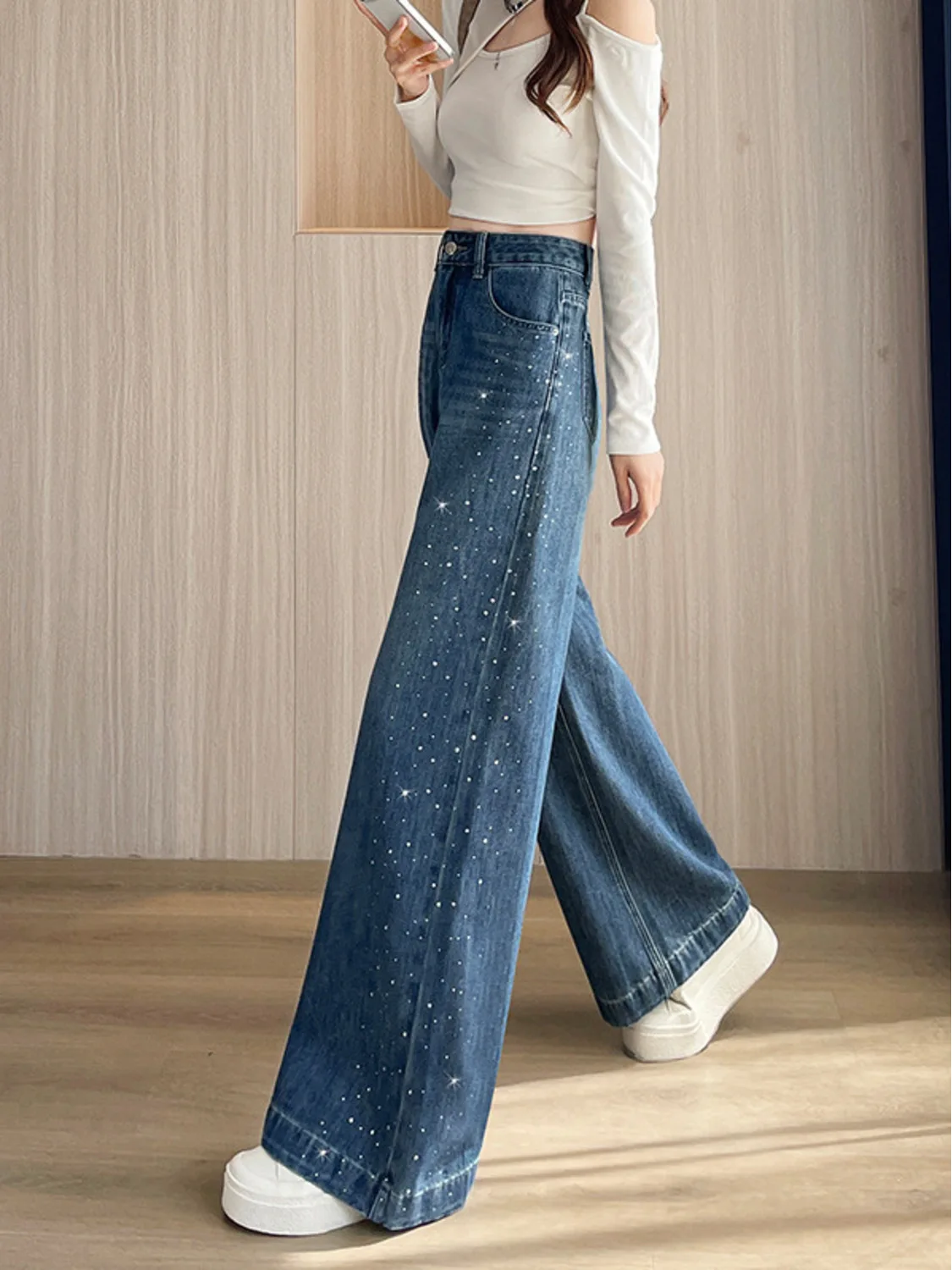 Sparkle Rhinestone Wide Leg Jeans Women High Waist Star Embellished Denim Pants Dark Blue Black Stretch Three Lengths