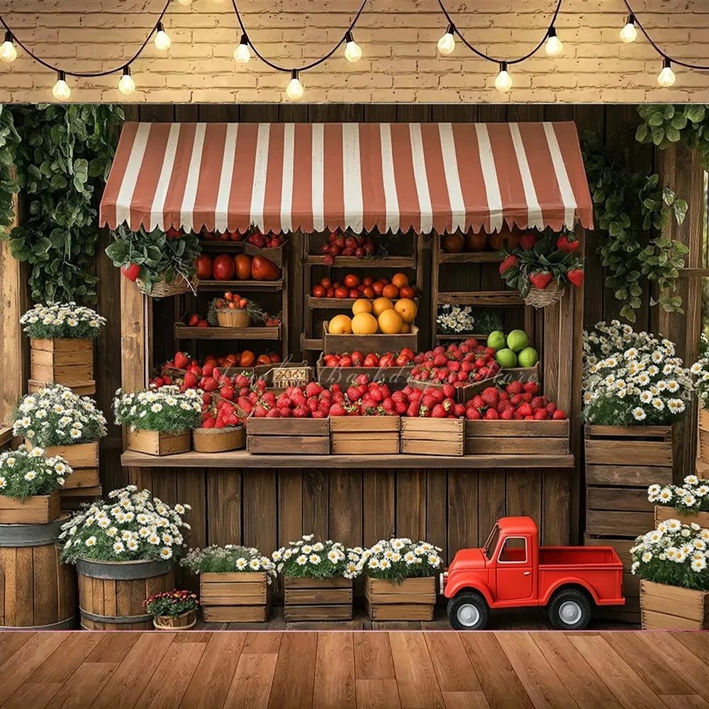 Rural barn door strawberry themed birthday party background, children's birthday party decoration photography studio background