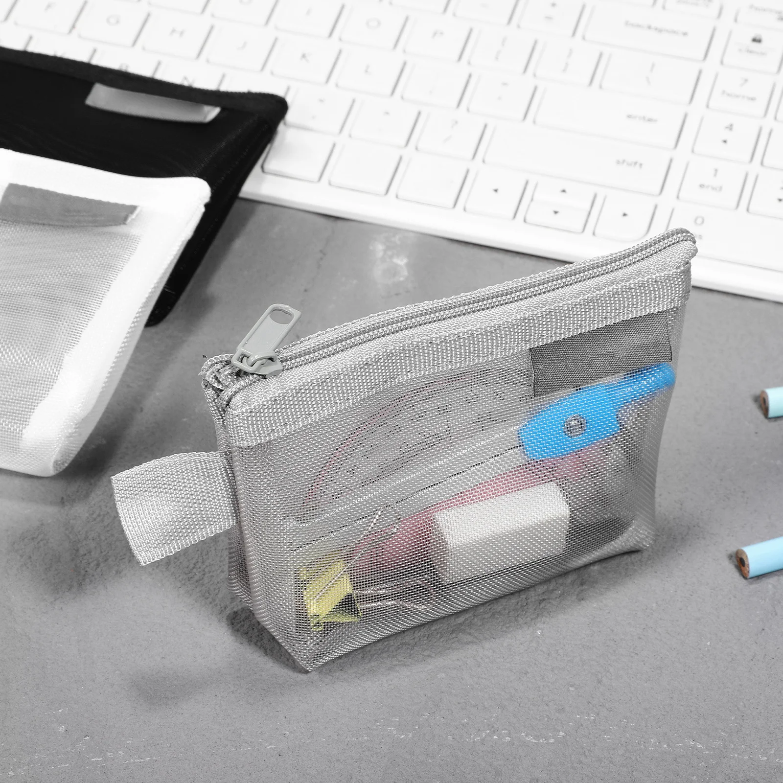 3 قطع محفظة للعملات المعدنية خفيفة الوزن محمولة صغيرة شبكية نايلون أسود أبيض رمادي حقيبة أدوات الزينة للسفر واسعة وسحاب آمن