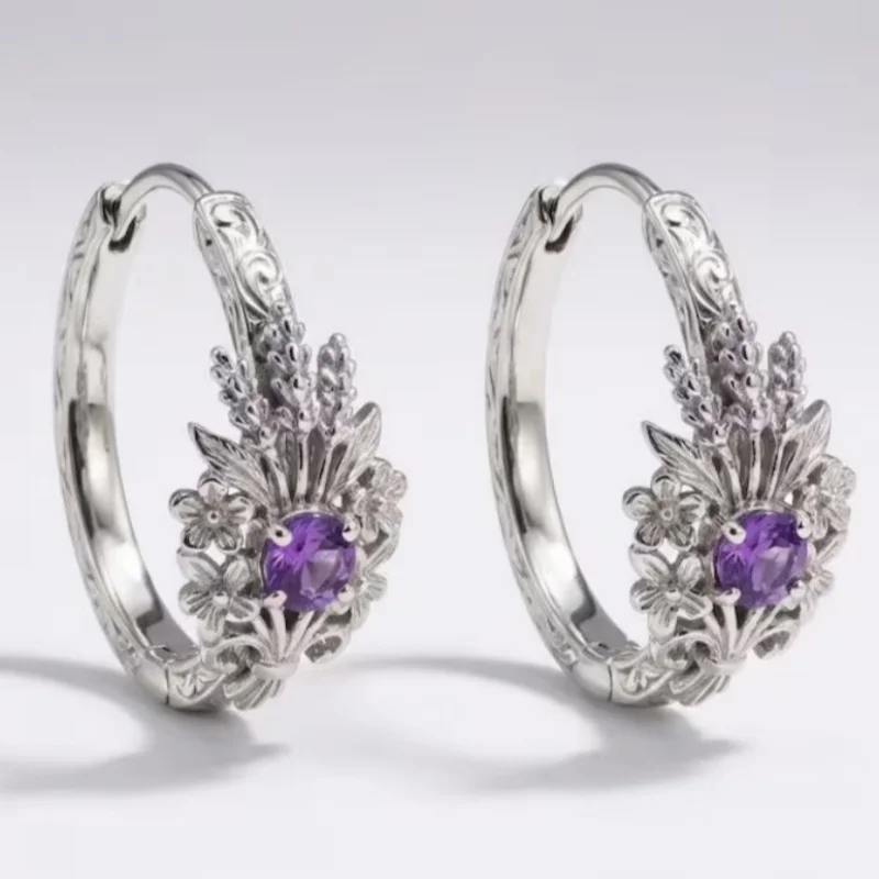 Wunderschöne, funkelnde lila synthetische Zirkonia-Blumen-Cluster-Creolen für Damen, eleganter, künstlerischer Vintage-Schmuck für Bankette und Festivals