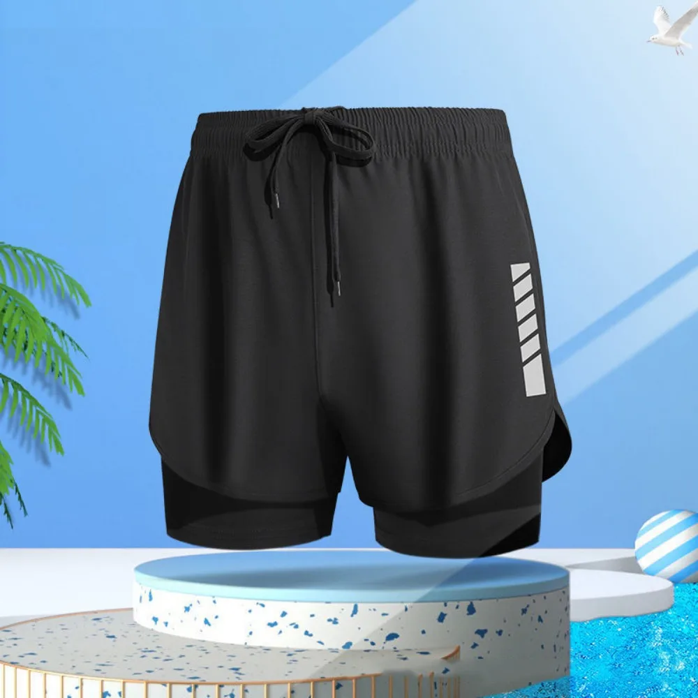 

Stripe Swimming Trunks Shorts Double Layer Mid Waist Men Sports Training Shorts Quick-drying Elastic Men's Jogging Shorts