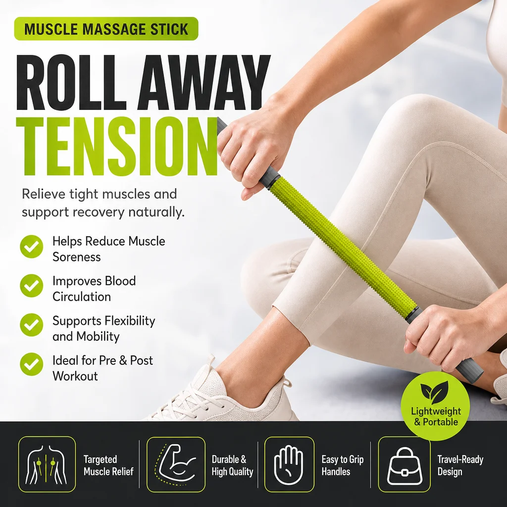 Massage Rod – Compact Deep Tissue Massage Roller Stick – Myofascial Release Tool for Legs, Back, Neck, Arms & Shoulders – Muscle