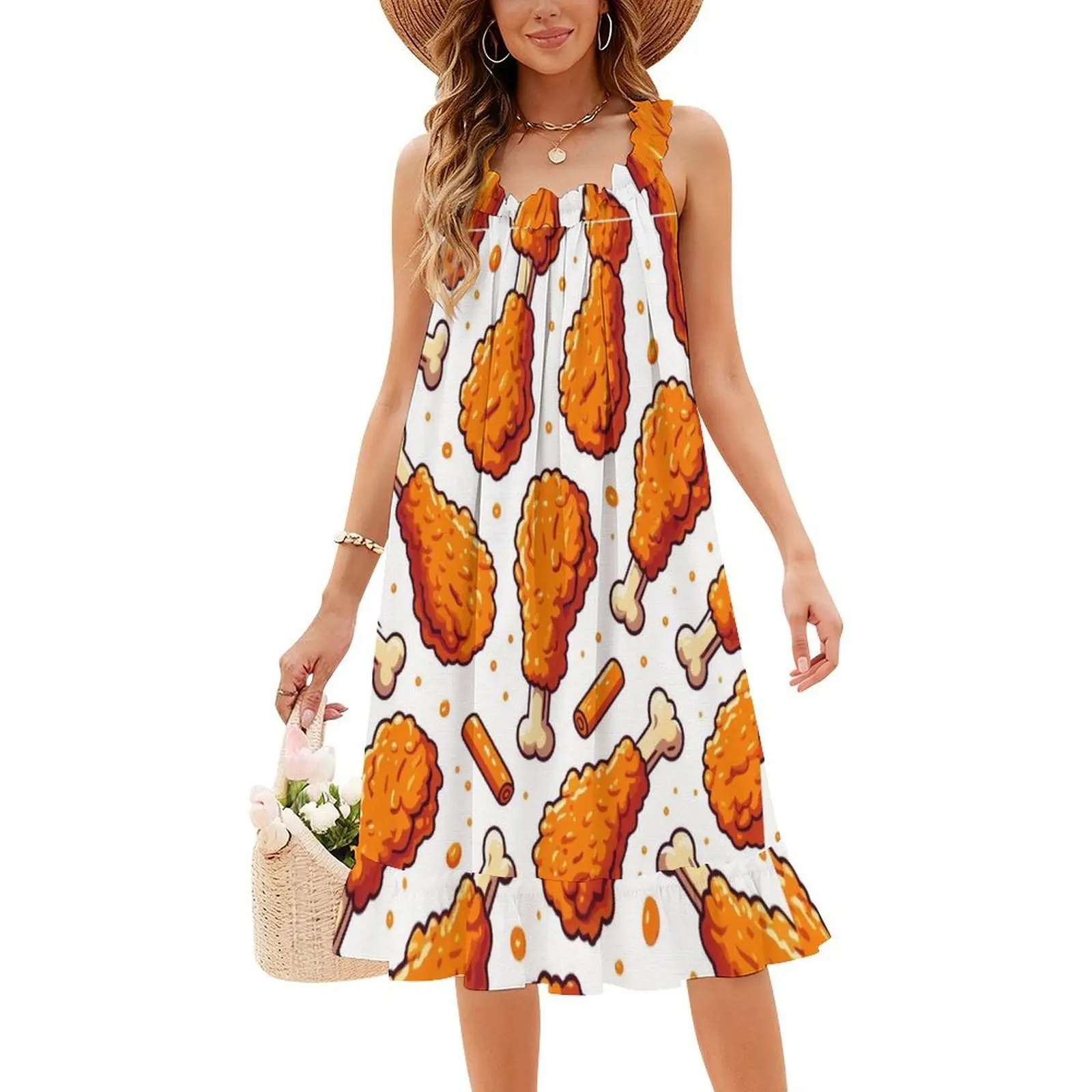 فستان قصير على شكل دجاجة مقلية مقرمشة على طراز بريبي للنساء على شكل حرف a فضفاض مناسب فستان يوم غير رسمي دجاج مقلي مقرمش