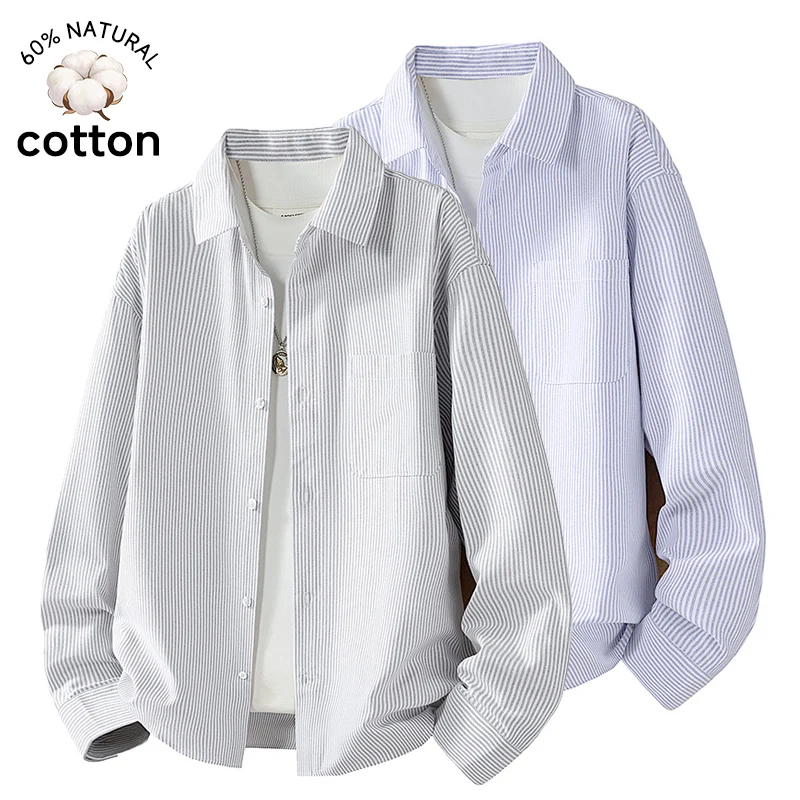 

2026 Spring Summer New Stripe Cotton Dress Shirt Long Sleeve Business Formal Button Down Casual Blouse Office Work Top Male