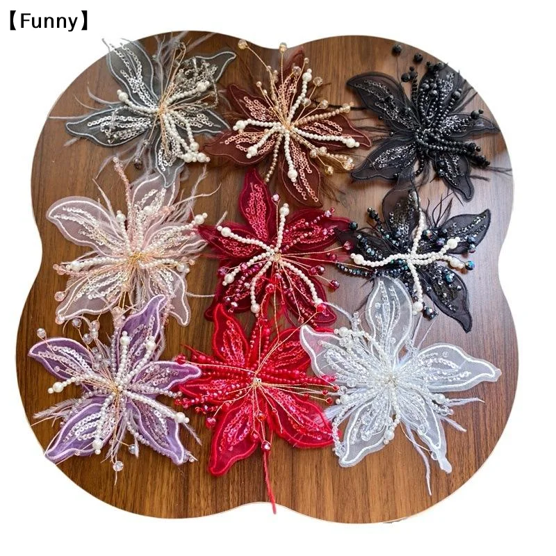 1Pcs Crystal Flower Lace Studded Patch Feather Pearl 3D Organza Flower Patch Twisted Wire Handmade DIY Sewing Decals〔Funny〕