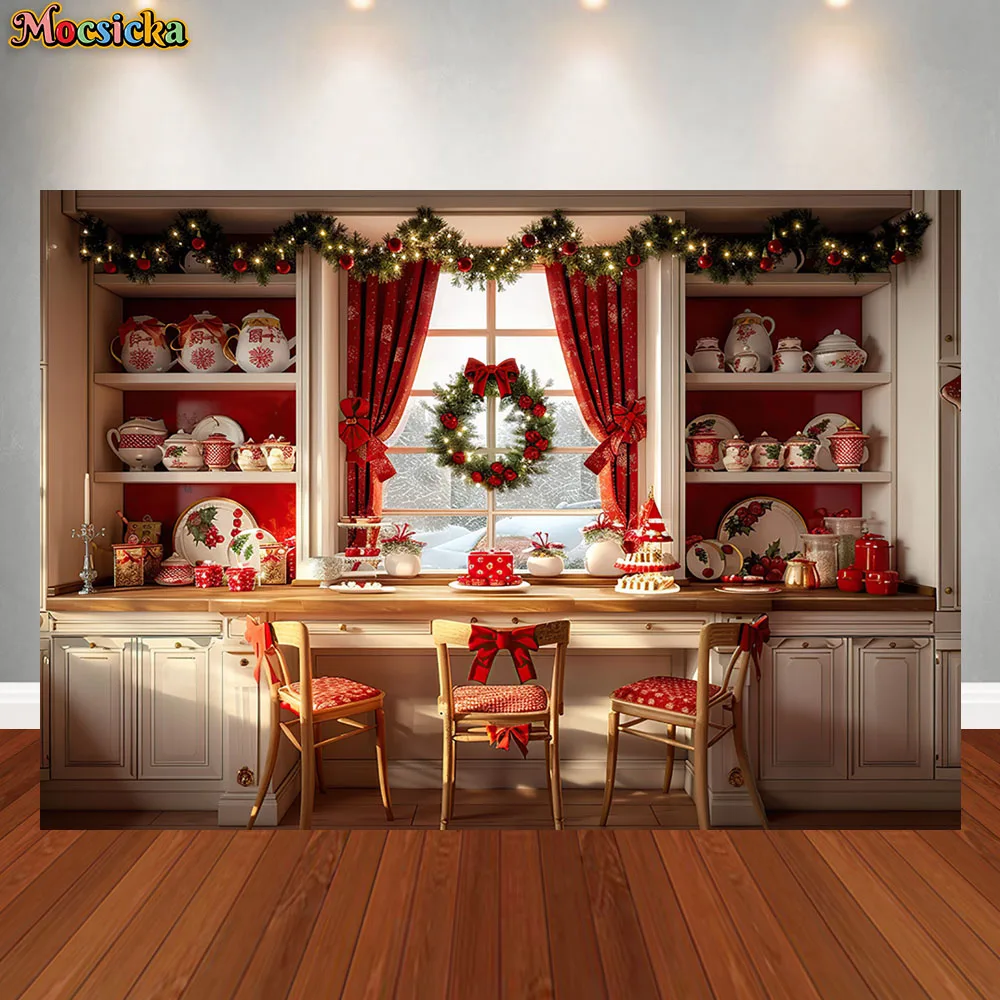 Christmas Kitchen Photography Background Cupboard XMAS Wreath Window Decoration Supplies Family Portrait Backdrop for Studio