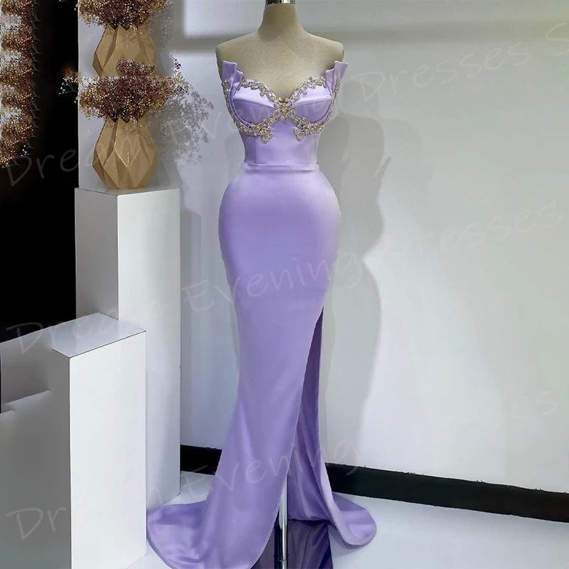 Graziosa sirena viola bellissimi abiti da sera da donna classici abiti da ballo senza spalline senza maniche con spacco laterale Vestido De Noche