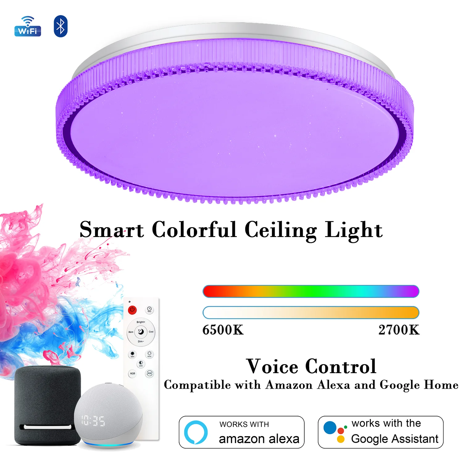 Modern Wifi Smart LED Ceiling Lights With Bluetooth Speaker Compatible With Alexa Google Home For Kid Girl Bedroom Living Room