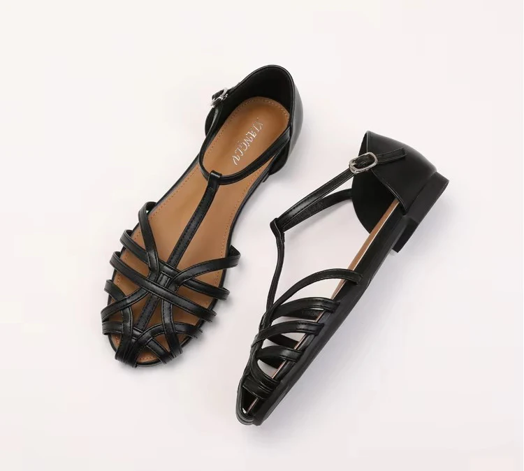 NONE ZAROY Sommer Cross Strap Flache Sandalen Frauen Runde Kappe Knöchel Schnalle Hohl Casual Römischen Sandalia Zapatos De Mujernostiek 5