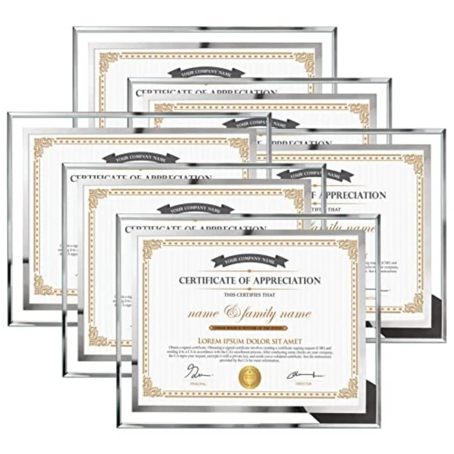 

Фоторамки 8,5x11 дюймов, 6 штук, серебристые, стеклянные, для сертификатов, дипломов, наград, только для вертикальной настольной демонстрации