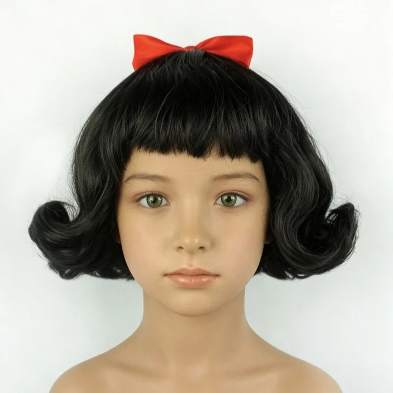 Lovely Girls Snow White Hair Wig Girls Dress Up Wig Princess Cosplay Hair Black Curly Hair Wig with Red Bow Kids Role Play Props - view 5