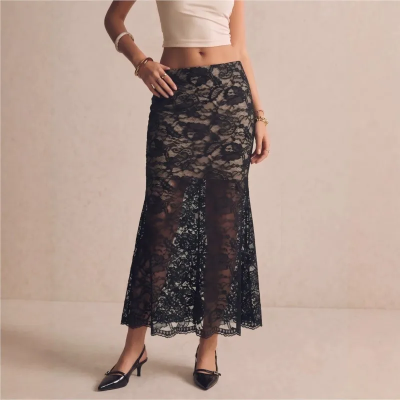 Autumn New Lace Slim-fit Slit Long Skirt Irregular Hem High-waisted Women Skirt